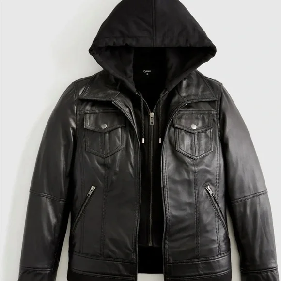 Quince NWOT Women's Black Leather Jacket with Hood - Picture 2 of 13